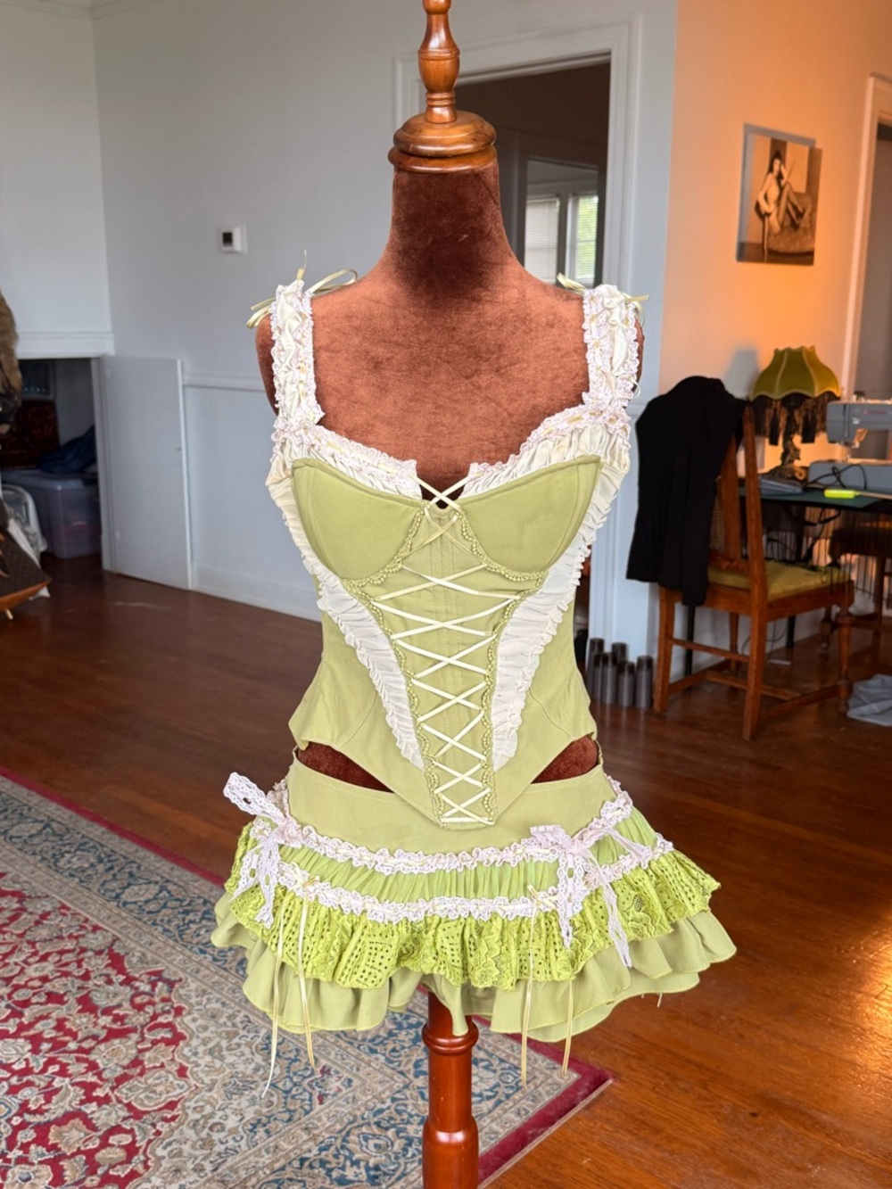 Custom Lime Green Ruffled Corset & Skirt with White Lace